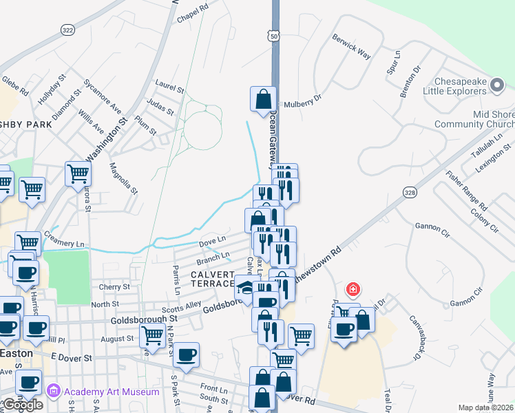map of restaurants, bars, coffee shops, grocery stores, and more near 8476 Calvert Street in Easton