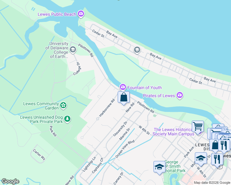 map of restaurants, bars, coffee shops, grocery stores, and more near 2 Harborview Road in Lewes