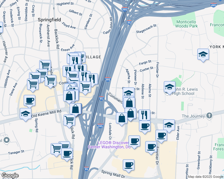 map of restaurants, bars, coffee shops, grocery stores, and more near 6721 Cimarron Street in Springfield