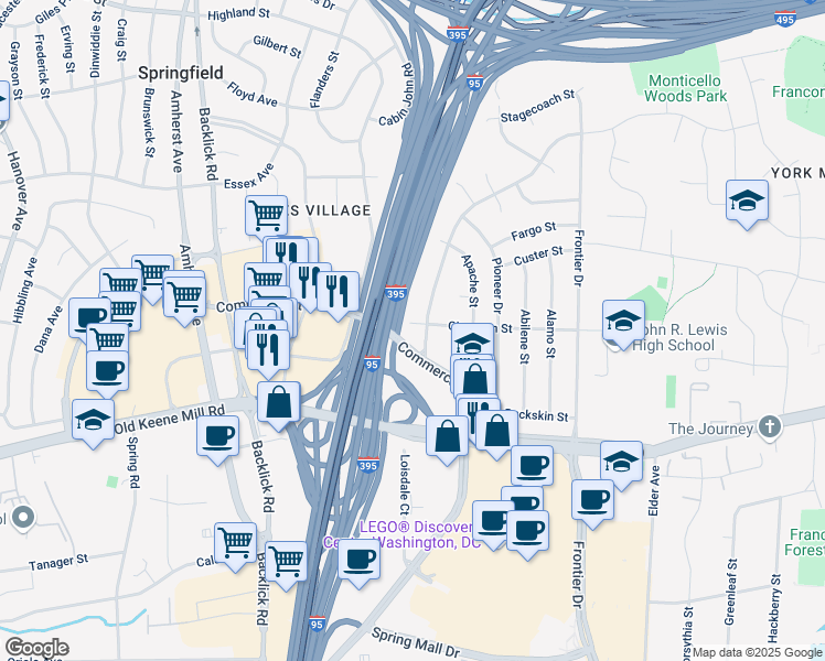 map of restaurants, bars, coffee shops, grocery stores, and more near 6721 Cimarron Street in Springfield