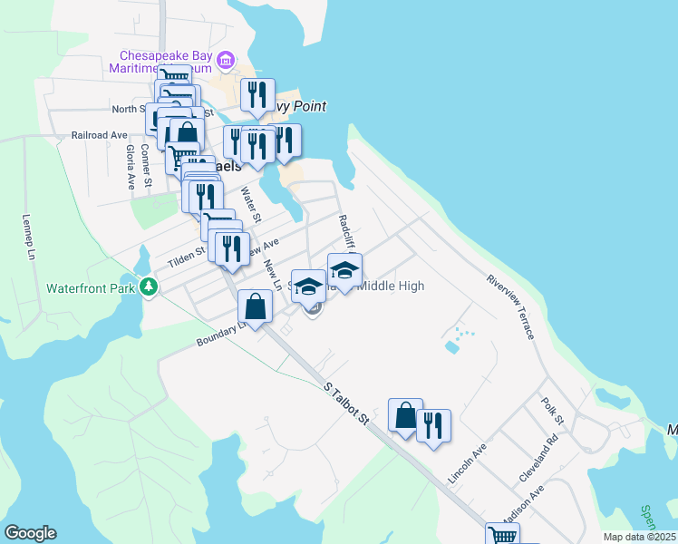 map of restaurants, bars, coffee shops, grocery stores, and more near Seymour Avenue in Saint Michaels