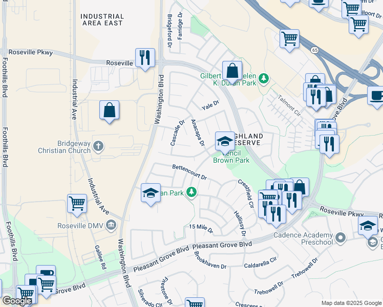 map of restaurants, bars, coffee shops, grocery stores, and more near 540 Striped Moss Street in Roseville