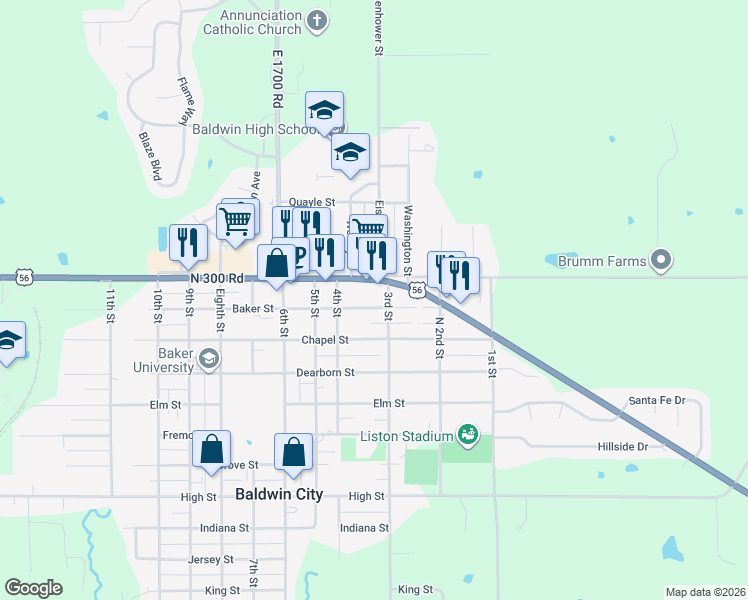map of restaurants, bars, coffee shops, grocery stores, and more near 317 Baker Street in Baldwin City