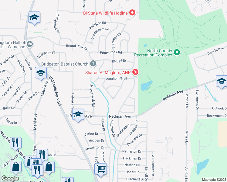 map of restaurants, bars, coffee shops, grocery stores, and more near 11356 Granger Trail in Florissant