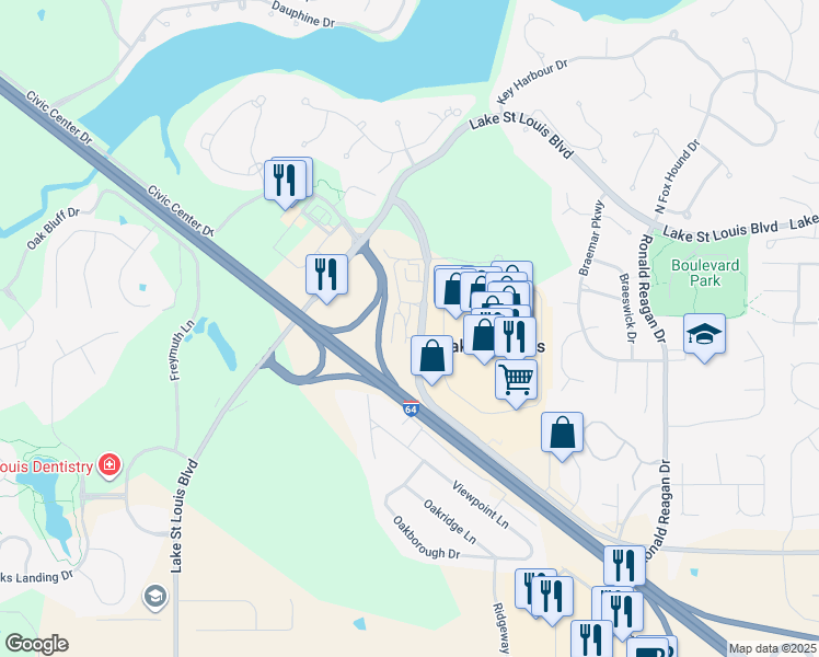 map of restaurants, bars, coffee shops, grocery stores, and more near 3401 Technology Drive in Lake Saint Louis