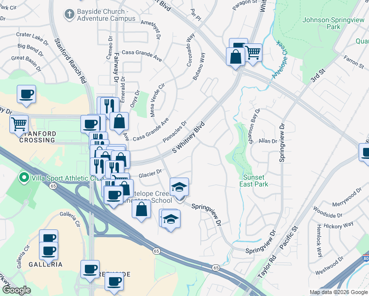 map of restaurants, bars, coffee shops, grocery stores, and more near 2560 Casa Del Oro Way in Rocklin