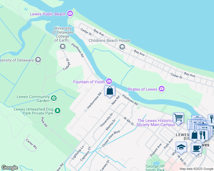 map of restaurants, bars, coffee shops, grocery stores, and more near 542 Pilottown Road in Lewes