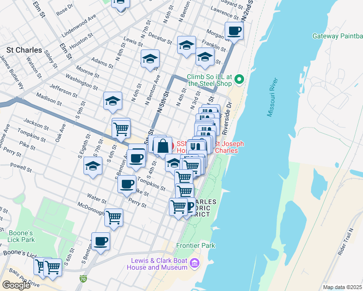 map of restaurants, bars, coffee shops, grocery stores, and more near 100 South 3rd Street in Saint Charles
