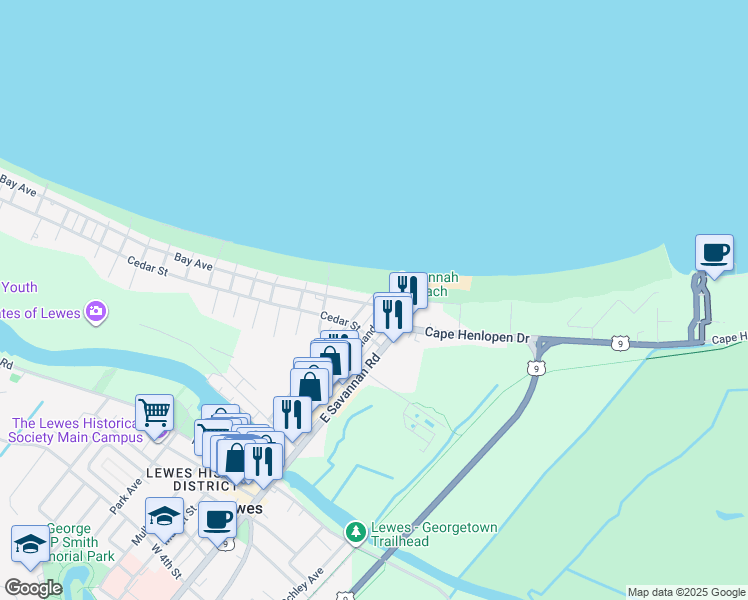 map of restaurants, bars, coffee shops, grocery stores, and more near 206 Midland Avenue in Lewes