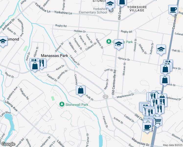 map of restaurants, bars, coffee shops, grocery stores, and more near 129 Lambert Drive in Manassas Park