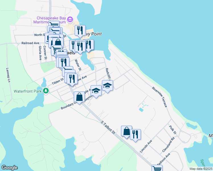 map of restaurants, bars, coffee shops, grocery stores, and more near Seymour Avenue in Saint Michaels