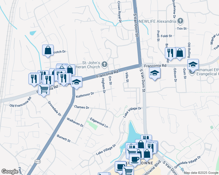 map of restaurants, bars, coffee shops, grocery stores, and more near 6220 Em Street in Alexandria