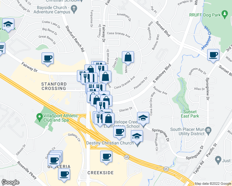 map of restaurants, bars, coffee shops, grocery stores, and more near 2247 Pinnacles Drive in Rocklin