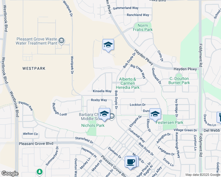 map of restaurants, bars, coffee shops, grocery stores, and more near 2468 Kinsella Way in Roseville