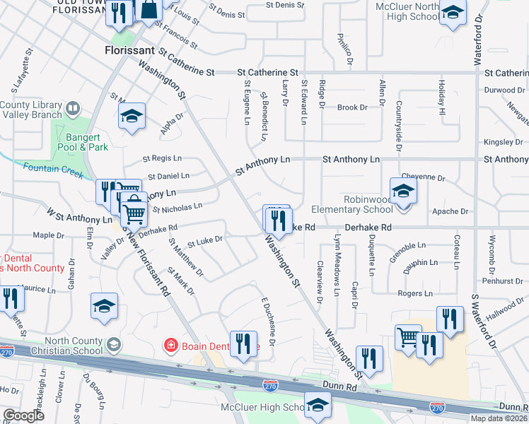 map of restaurants, bars, coffee shops, grocery stores, and more near 20 Saint Edward Lane in Florissant