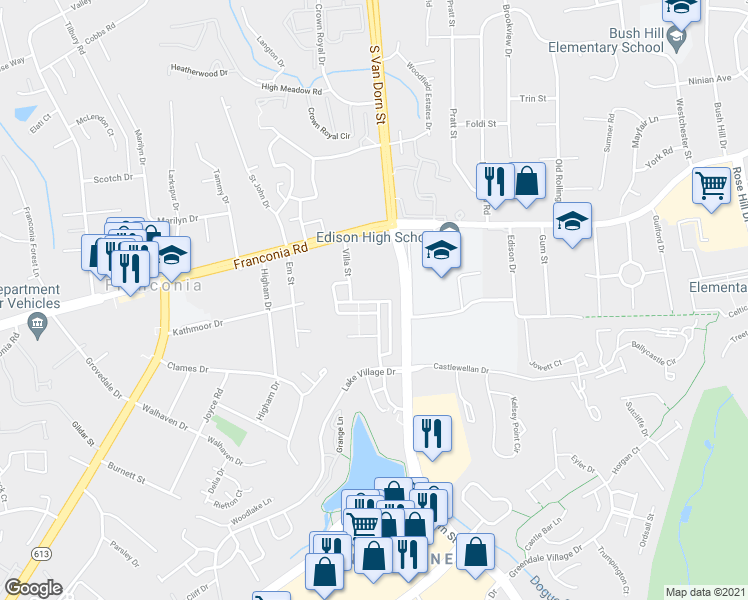 map of restaurants, bars, coffee shops, grocery stores, and more near 5968 Manorview Way in Alexandria