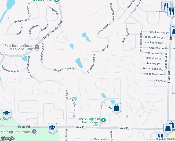 map of restaurants, bars, coffee shops, grocery stores, and more near 1150 South Charlemagne Drive in Lake Saint Louis