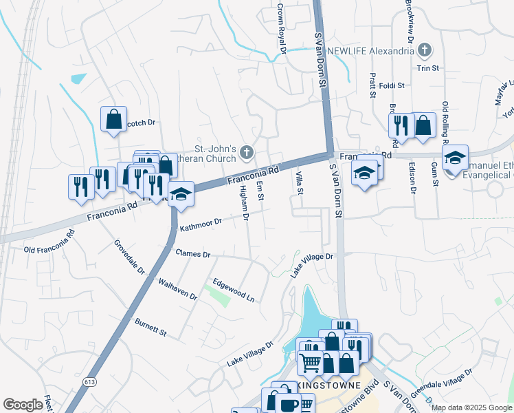 map of restaurants, bars, coffee shops, grocery stores, and more near 6220 Em Street in Alexandria