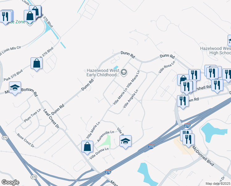 map of restaurants, bars, coffee shops, grocery stores, and more near 5216 Ville Maura Court in Hazelwood