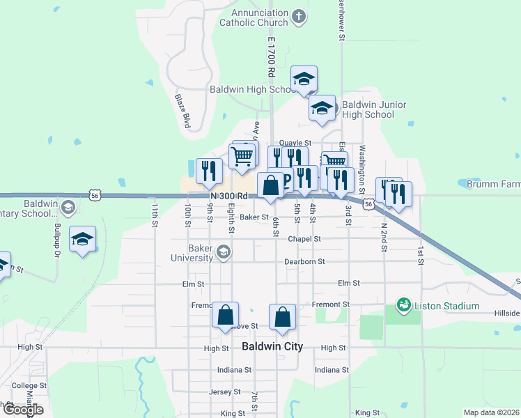map of restaurants, bars, coffee shops, grocery stores, and more near 600-698 Baker Street in Baldwin City