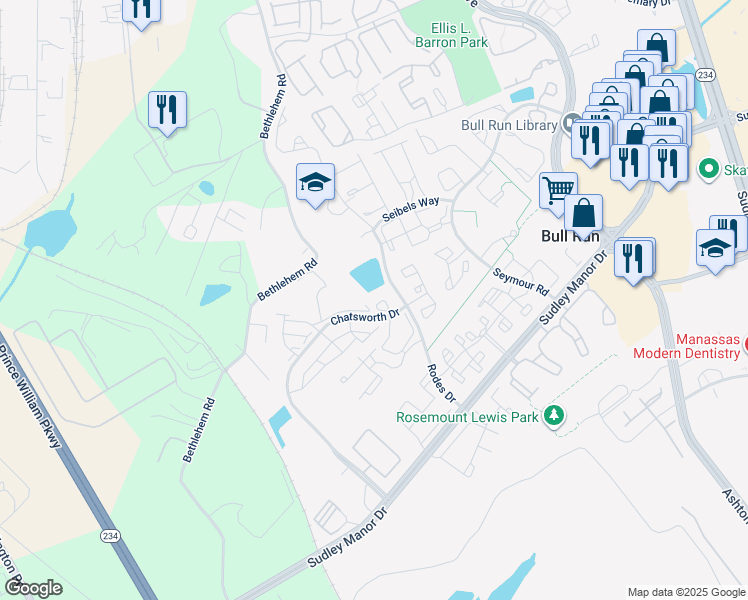 map of restaurants, bars, coffee shops, grocery stores, and more near 8072 Stonewall Brigade Court in Manassas