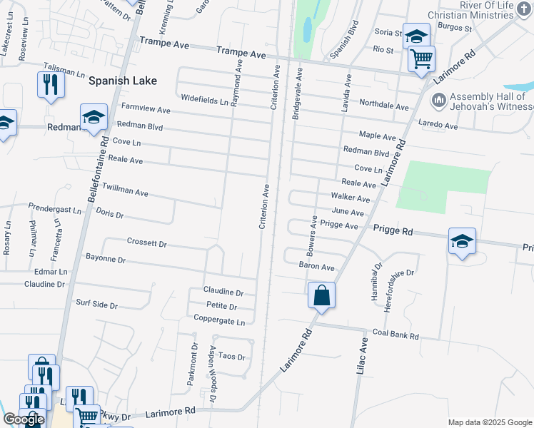 map of restaurants, bars, coffee shops, grocery stores, and more near 11624 Criterion Avenue in St. Louis