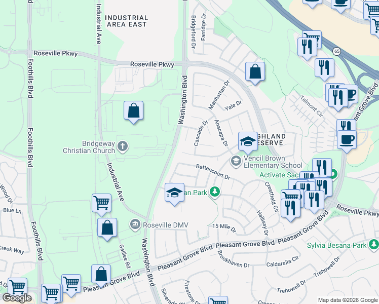 map of restaurants, bars, coffee shops, grocery stores, and more near 336 Bettencourt Drive in Roseville