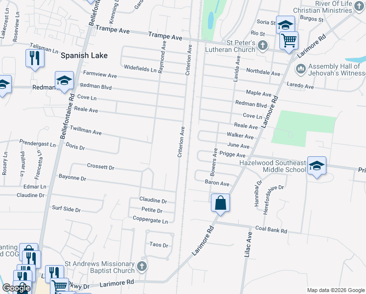 map of restaurants, bars, coffee shops, grocery stores, and more near 11624 Criterion Avenue in St. Louis