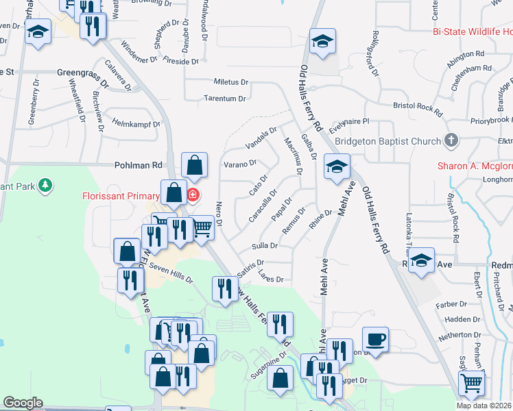 map of restaurants, bars, coffee shops, grocery stores, and more near 4353 Caracalla Drive in Florissant