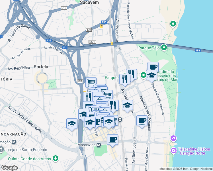 map of restaurants, bars, coffee shops, grocery stores, and more near Rua Adão Manuel Ramos Barata in Moscavide