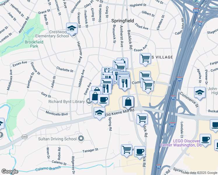 map of restaurants, bars, coffee shops, grocery stores, and more near 6394 Springfield Plaza in Springfield