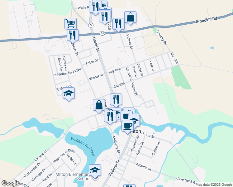 map of restaurants, bars, coffee shops, grocery stores, and more near 327 Union Street in Milton