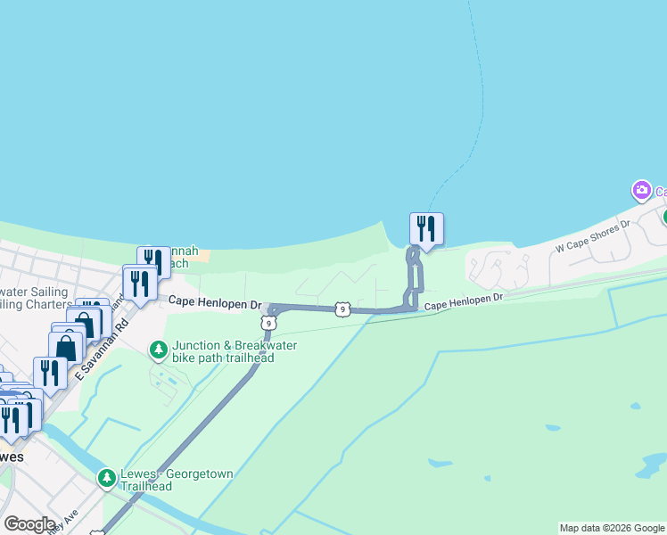 map of restaurants, bars, coffee shops, grocery stores, and more near 60 Pilot Point in Lewes