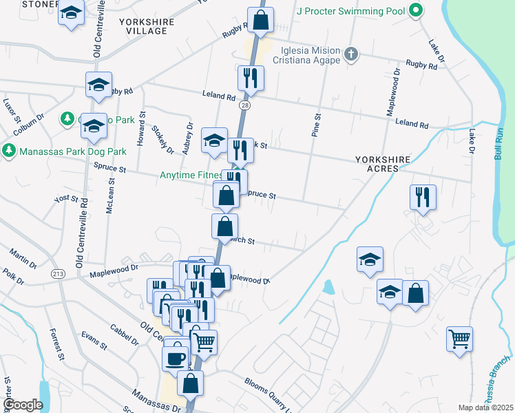 map of restaurants, bars, coffee shops, grocery stores, and more near 8215 Spruce Street in Manassas