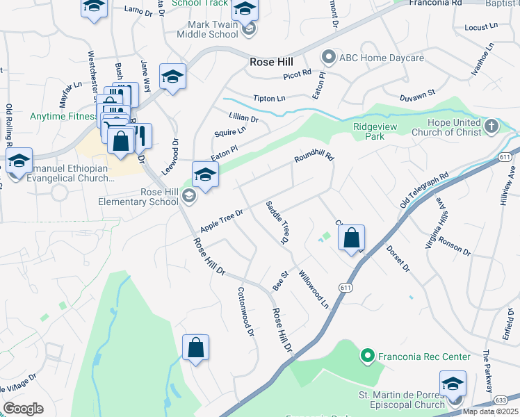 map of restaurants, bars, coffee shops, grocery stores, and more near 4603 Apple Tree Drive in Alexandria