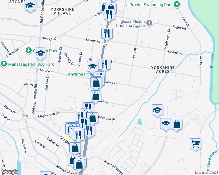 map of restaurants, bars, coffee shops, grocery stores, and more near 8215 Spruce Street in Manassas