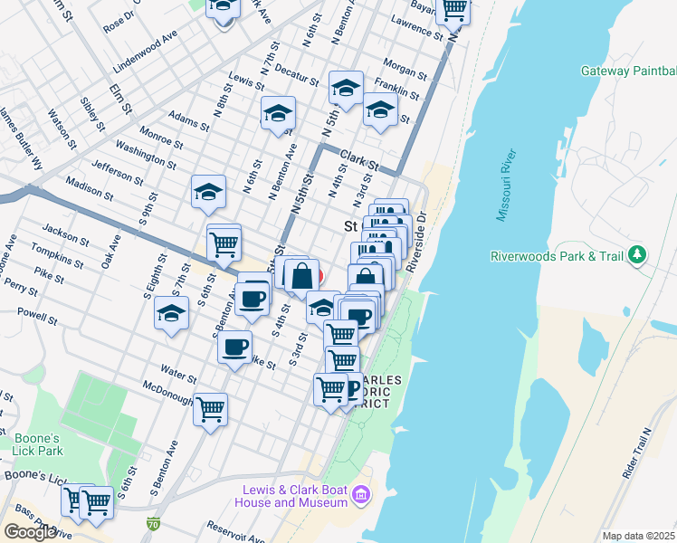 map of restaurants, bars, coffee shops, grocery stores, and more near 100 South 3rd Street in Saint Charles