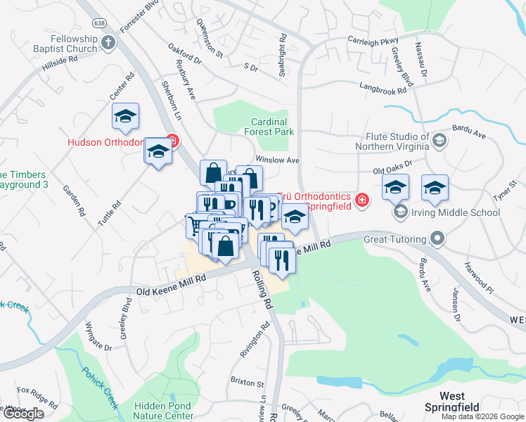 map of restaurants, bars, coffee shops, grocery stores, and more near 8346 Traford Lane in Springfield