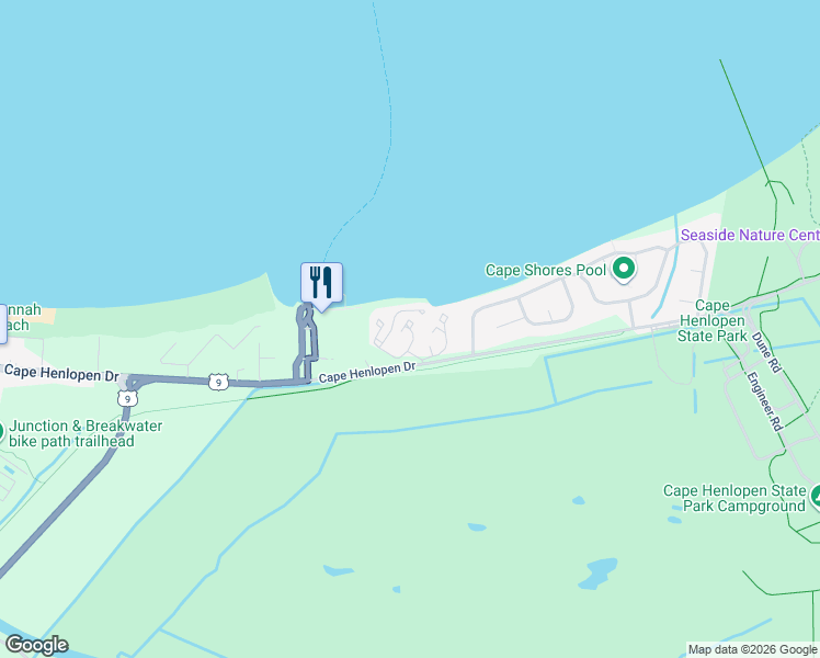 map of restaurants, bars, coffee shops, grocery stores, and more near 53 Cape Henlopen Drive in Lewes