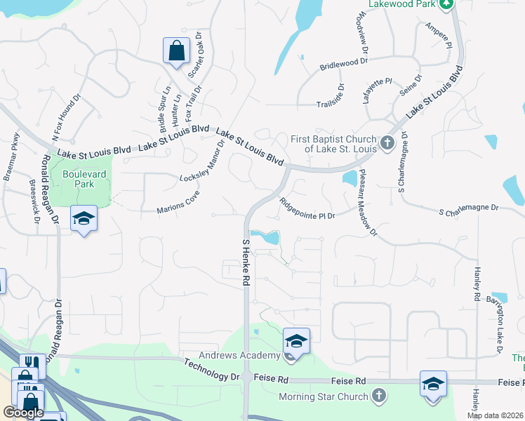 map of restaurants, bars, coffee shops, grocery stores, and more near 746 Ridgepointe Court in Lake Saint Louis