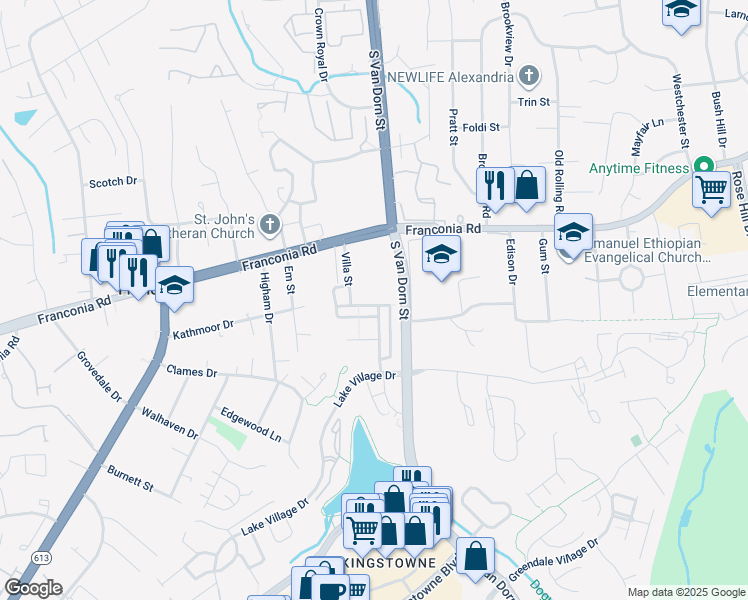 map of restaurants, bars, coffee shops, grocery stores, and more near 5968 Manorview Way in Alexandria
