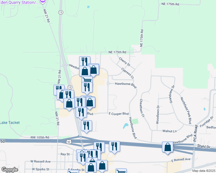 map of restaurants, bars, coffee shops, grocery stores, and more near 407 Cooper Boulevard in Warrensburg