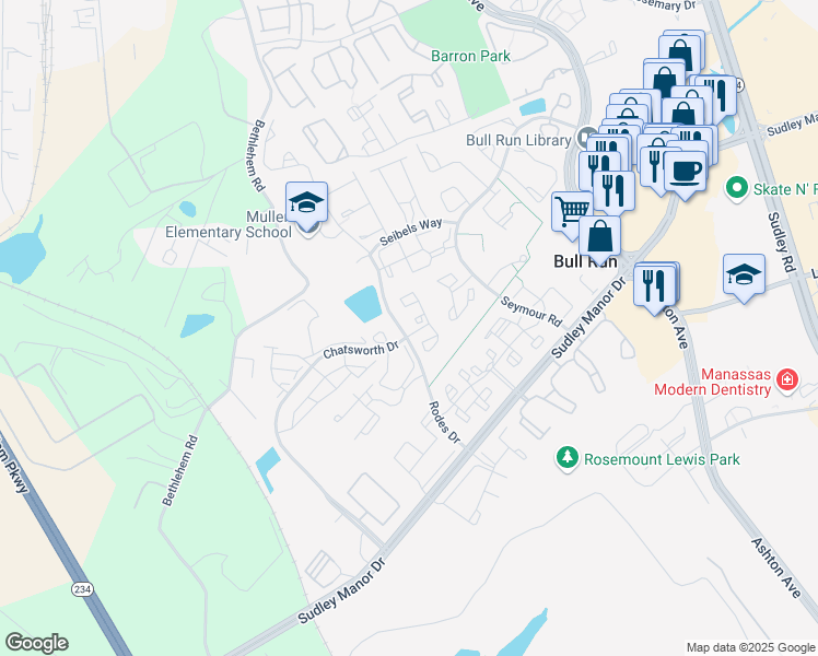 map of restaurants, bars, coffee shops, grocery stores, and more near 11021 Folksie Court in Manassas