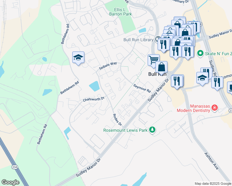 map of restaurants, bars, coffee shops, grocery stores, and more near 8103 Lacy Drive in Manassas