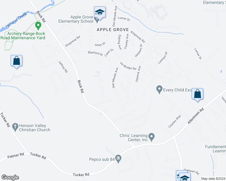map of restaurants, bars, coffee shops, grocery stores, and more near 7807 Den Meade Avenue in Fort Washington