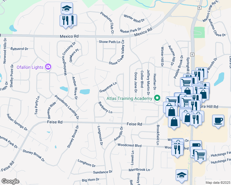 map of restaurants, bars, coffee shops, grocery stores, and more near 31 Camellia Drive in O'Fallon