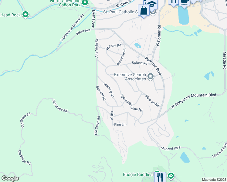 map of restaurants, bars, coffee shops, grocery stores, and more near 24 Leaming Road in Colorado Springs