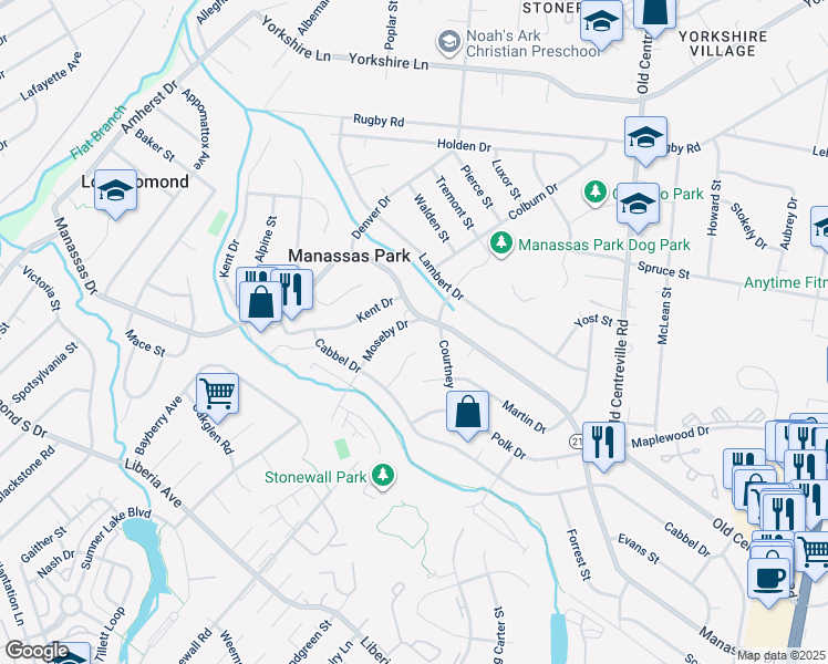 map of restaurants, bars, coffee shops, grocery stores, and more near 261 Moseby Drive in Manassas Park