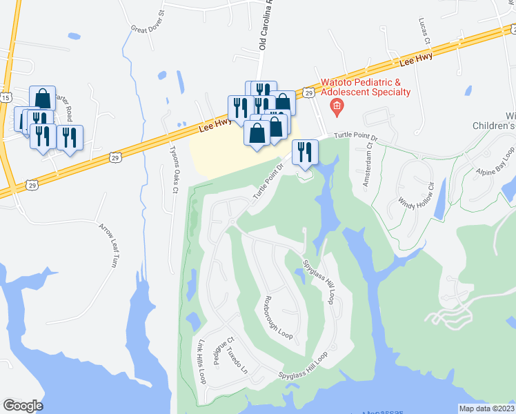 map of restaurants, bars, coffee shops, grocery stores, and more near 15645 Turtle Point Drive in Gainesville