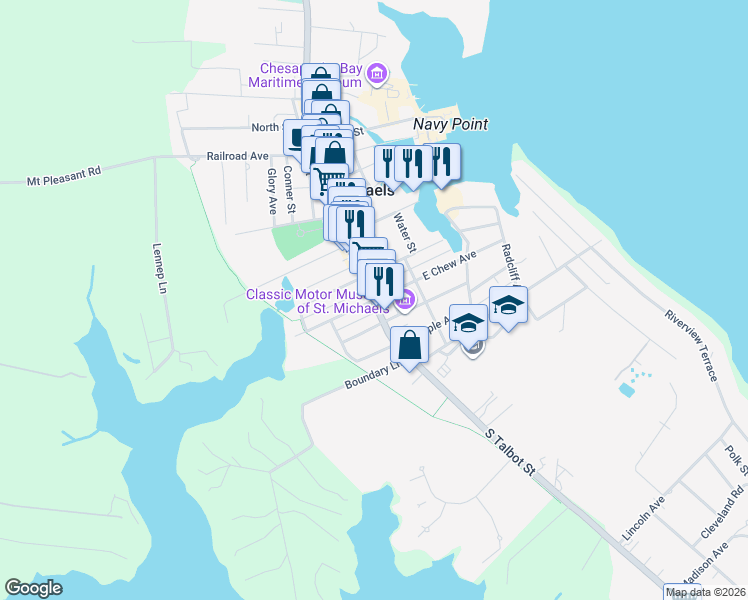map of restaurants, bars, coffee shops, grocery stores, and more near 100 East Chew Avenue in Saint Michaels